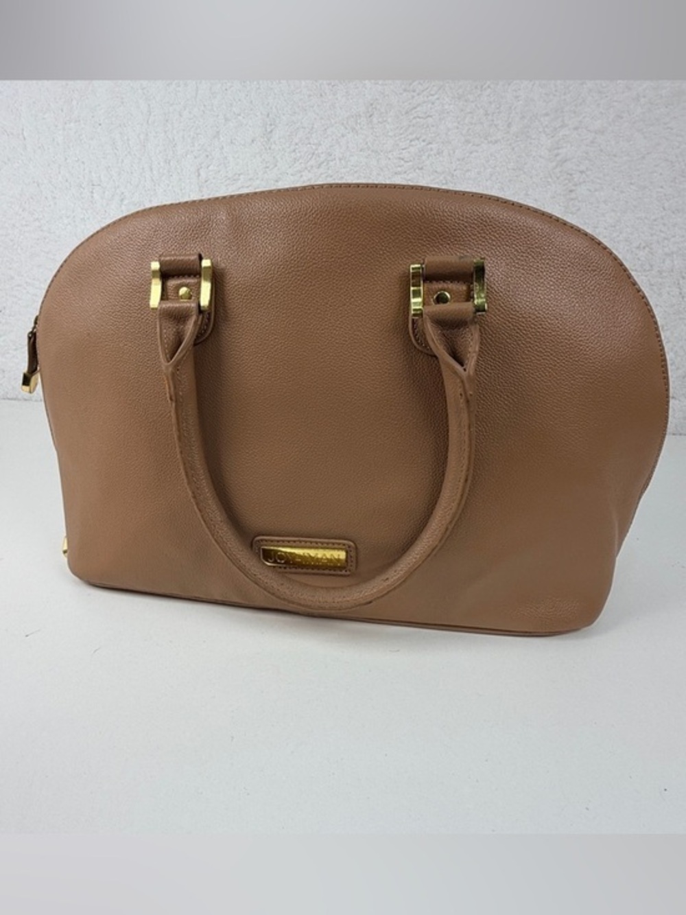 Joy & Iman Tan Pebble Leather Dome Satchel Handbag Gold Hardware